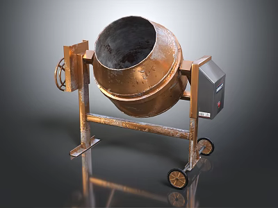 Copper Colored Concrete Mixer With Metal Stand And Wheels On Reflective Surface 3d model
