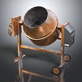 Copper Colored Concrete Mixer With Metal Stand And Wheels On Reflective Surface
