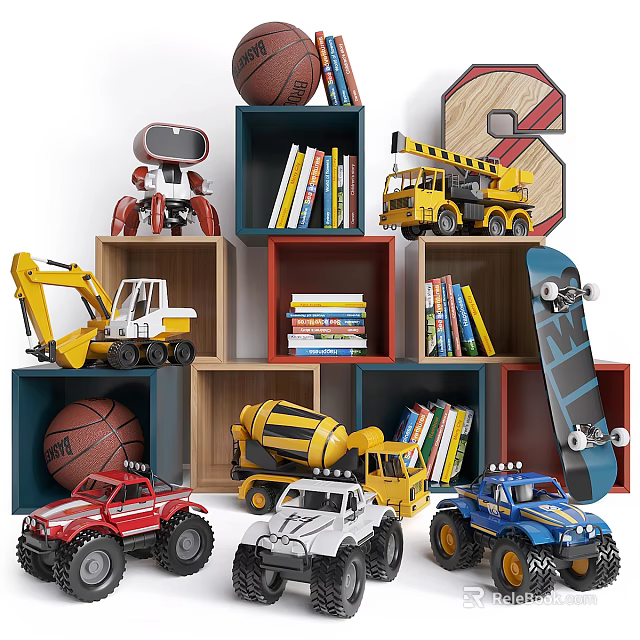 Electric Toys Collection Including SUVs Excavator Cement Mixer Fire Truck on Colorful Bookshelves 3d model 