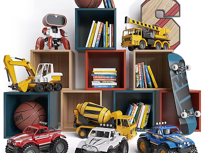 Electric Toys Collection Including SUVs Excavator Cement Mixer Fire Truck on Colorful Bookshelves 3d model