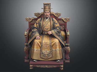 Man in Traditional Golden Attire Sitting on Ornate Carved Throne with Intricate Details 3d model