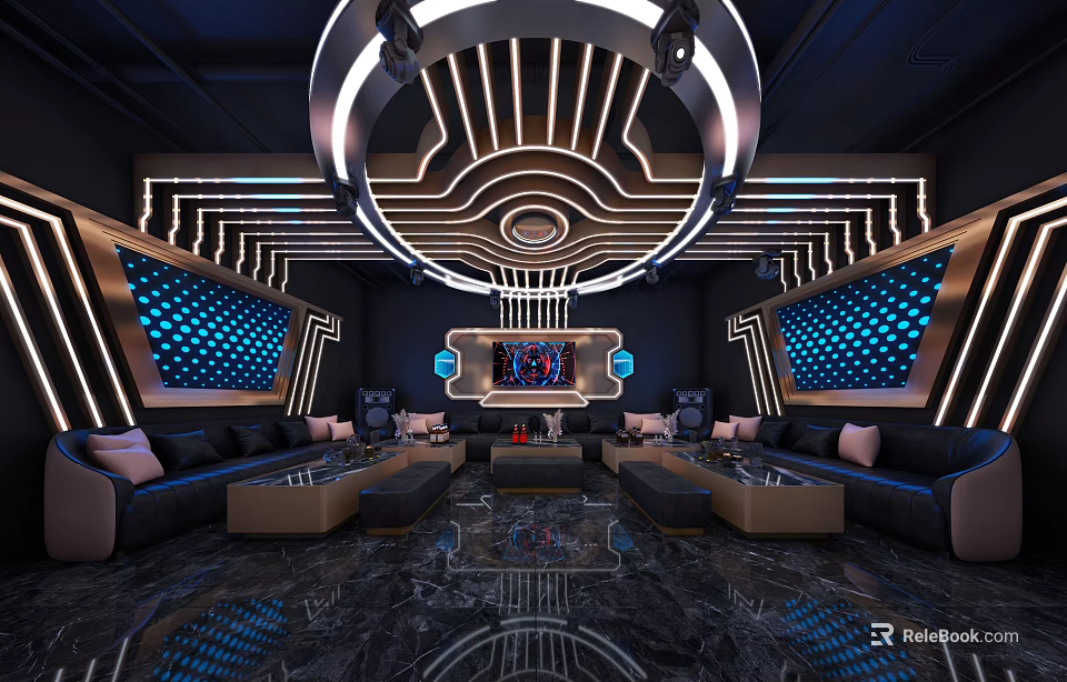 Modern KTV Interior Design With Stylish Lighting Black Sofa And Marble Floor 3d model 
