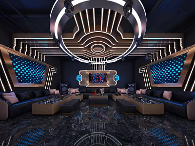 Modern KTV Interior Design With Stylish Lighting Black Sofa And Marble Floor 3d model