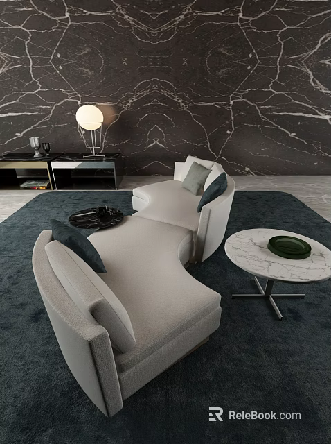 Curved Light Gray Sofa With Cushions Marble Wall Round Coffee Table And Blue Rug 3d model 