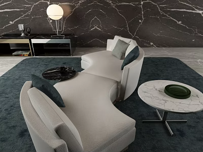 Curved Light Gray Sofa With Cushions Marble Wall Round Coffee Table And Blue Rug 3d model