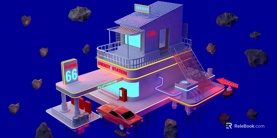 Cartoon Scene Gas Station with Route 66 Sign Red Car Blue Background Floating Rocks 3d model 