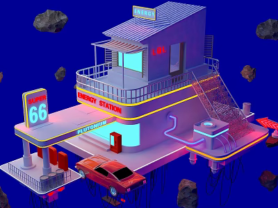 Cartoon Scene Gas Station with Route 66 Sign Red Car Blue Background Floating Rocks 3d model