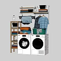 Modern Laundry Area With Two Washing Machines Dryer Storage Shelves And Clothes Basket