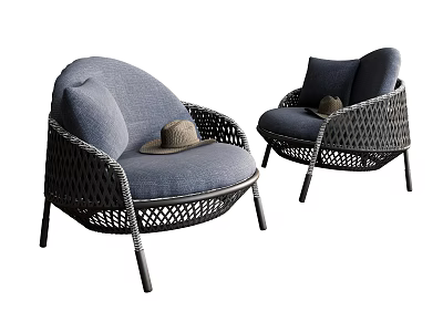 Modern Wicker Armchairs With Gray Cushions And Hat For Stylish Living Space 3d model