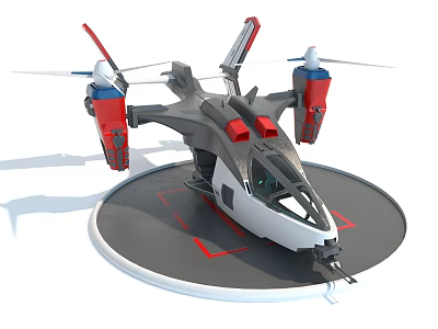 Advanced Aerial Vehicle Model With Rotors Cockpit And Red Black Design On Platform 3d model