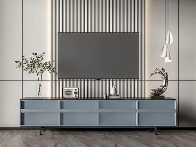 Modern TV Stand With Above TV Decorative Items Striped Wall And Modern Hanging Lights 3d model
