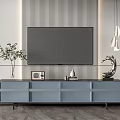 Modern TV Stand With Above TV Decorative Items Striped Wall And Modern Hanging Lights