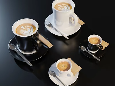 Assorted Coffee Drinks in Black and White Mugs with Latte Art on Black Table 3d model