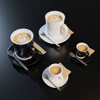 Assorted Coffee Drinks in Black and White Mugs with Latte Art on Black Table 3d model Assorted Coffee Drinks in Black and White Mugs with Latte Art on Black Table 3d model