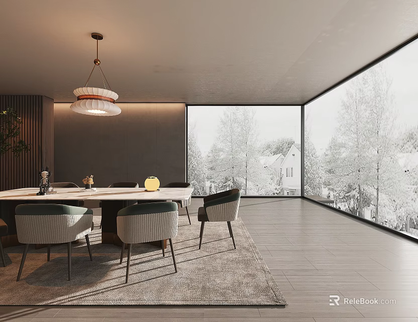 Modern Restaurant Interior With Large Windows Snowy View Trees Dining Table Chairs And Pendant Light 3d model 