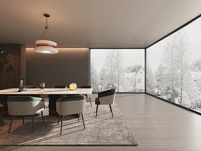 Modern Restaurant Interior With Large Windows Snowy View Trees Dining Table Chairs And Pendant Light 3d model