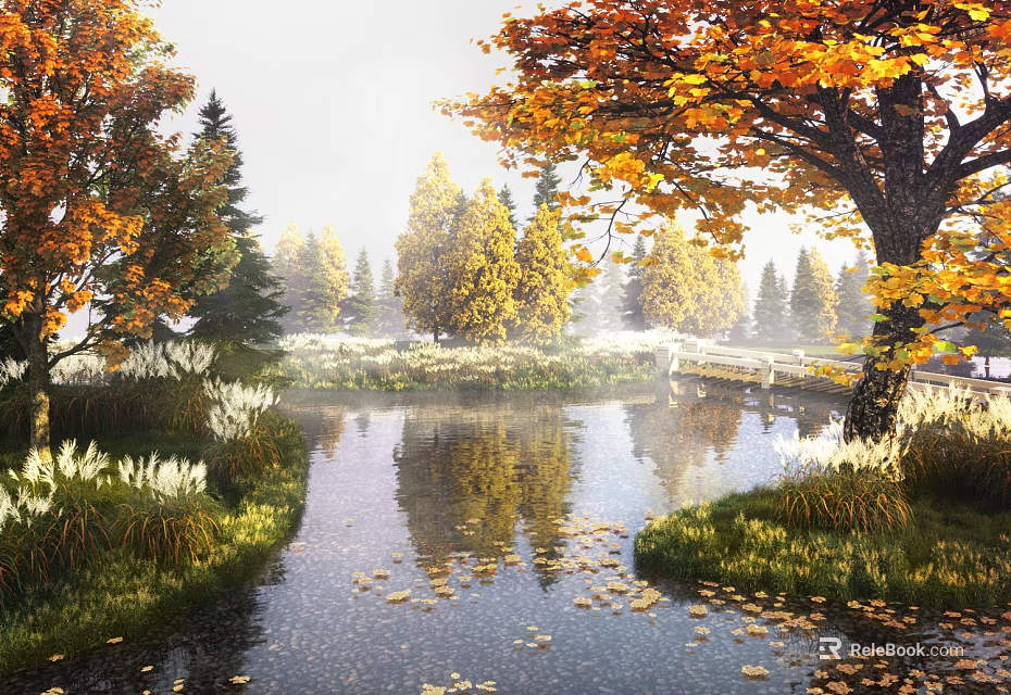 Stunning Misty Autumn Landscape With Colorful Fall Trees And Floating Leaves On Calm Stream 3d model 