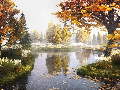 Stunning Misty Autumn Landscape With Colorful Fall Trees And Floating Leaves On Calm Stream 3d model
