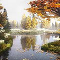 Stunning Misty Autumn Landscape With Colorful Fall Trees And Floating Leaves On Calm Stream