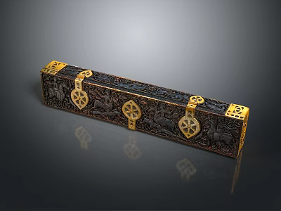 Black And Gold Decorative Box With Intricate Carvings And Golden Clasps 3d model