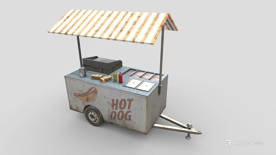 Fresh Hot Dog Street Food Cart With Striped Awning And Condiments 3d model 