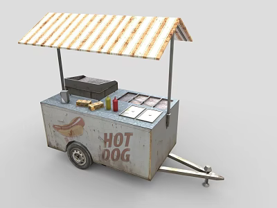 Fresh Hot Dog Street Food Cart With Striped Awning And Condiments 3d model
