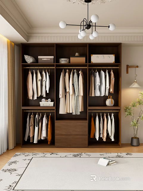 Modern Spacious Open Wooden Wardrobe With Multiple Compartments And Neatly Arranged Clothes And Storage Boxes 3d model 
