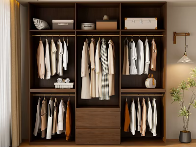 Modern Spacious Open Wooden Wardrobe With Multiple Compartments And Neatly Arranged Clothes And Storage Boxes 3d model