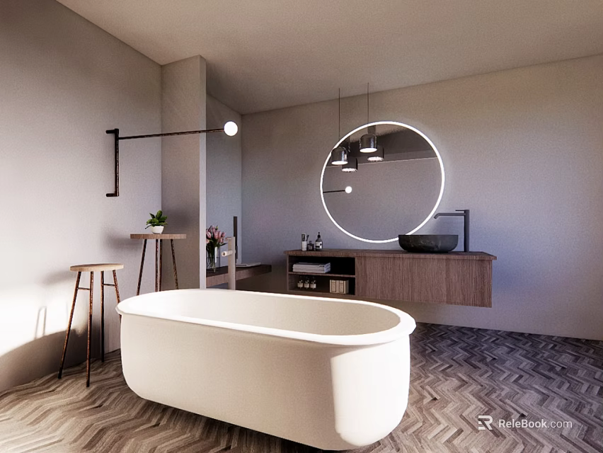 Minimalist Bathroom Interior With Free Standing White Bathtub Round Illuminated Mirror And Wooden Vanity 3d model 