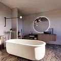 Minimalist Bathroom Interior With Free Standing White Bathtub Round Illuminated Mirror And Wooden Vanity