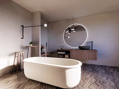 Minimalist Bathroom Interior With Free Standing White Bathtub Round Illuminated Mirror And Wooden Vanity 3d model