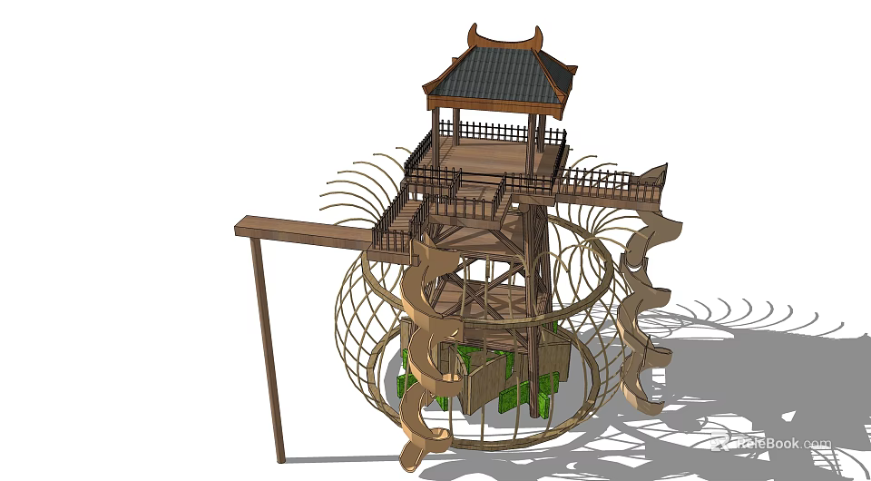 Roadside Multi Level Wooden Facility With Traditional Chinese Roof And Spiral Walkway 3d model 