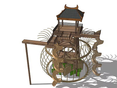 Roadside Multi Level Wooden Facility With Traditional Chinese Roof And Spiral Walkway 3d model