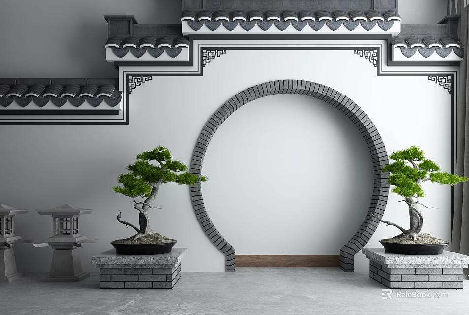 Traditional Chinese Building Exterior Wall With Carved Decorations Circular Archway And Potted Pine Trees 3d model 