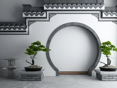 Traditional Chinese Building Exterior Wall With Carved Decorations Circular Archway And Potted Pine Trees 3d model