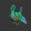 Colorful Bird with Blue Green Orange Feathers and Large Curved Beak Standing on White Background 3d model