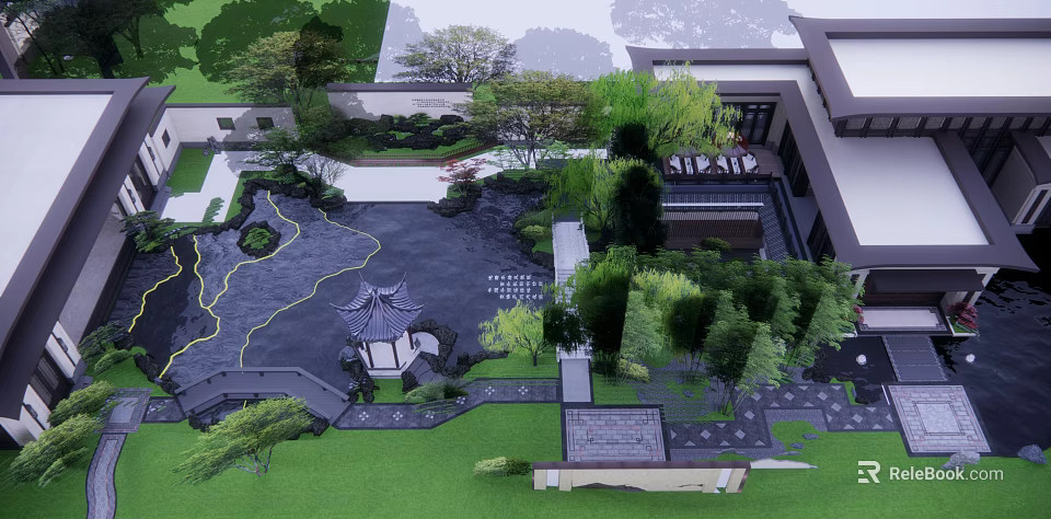 Traditional Chinese Garden Landscape With Pavilion Pond Bamboo And Stone Pathways 3d model 