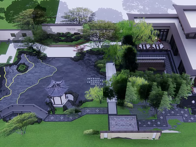 Traditional Chinese Garden Landscape With Pavilion Pond Bamboo And Stone Pathways 3d model