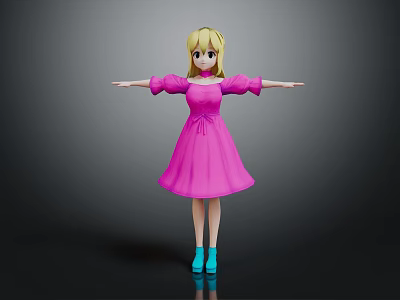 3D Cartoon Character With Blonde Hair Pink Dress Blue Shoes And Outstretched Arms 3d model