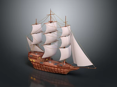 Classic Wooden Sailing Ship with White Sails and Intricate Hull Design on Dark Background 3d model