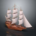 Classic Wooden Sailing Ship with White Sails and Intricate Hull Design on Dark Background