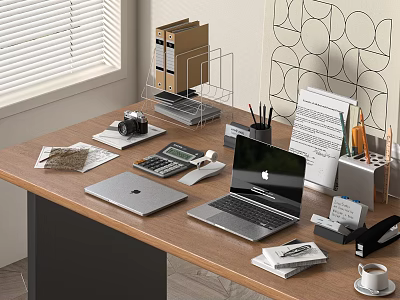 Organized Office Desk With Laptop Tablet Calculator Camera Stationery And Coffee Cup 3d model