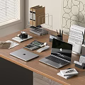 Organized Office Desk With Laptop Tablet Calculator Camera Stationery And Coffee Cup