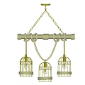 Birdcage Shaped Chandelier With Three Hanging Decorative Shades And Chain Rod Design
