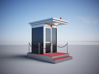 Modern Security Guard Booth With Glass Door Red Carpeted Steps And Warning Light 3d model