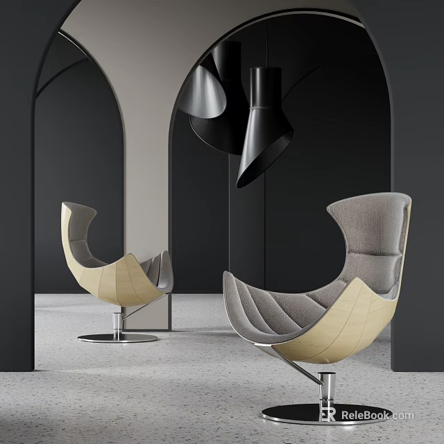 Modern Leisure Chair With Beige Gray Curved Design Metal Base Black Arches Pendant Lights 3d model 
