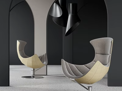 Modern Leisure Chair With Beige Gray Curved Design Metal Base Black Arches Pendant Lights 3d model
