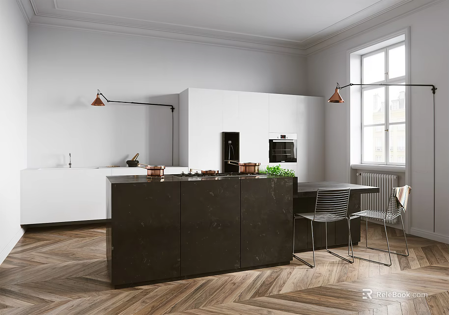 Modern Kitchen Interior With Black Marble Island White Cabinets Brass Pendant Lights And Wooden Flooring 3d model 