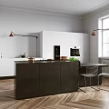 Modern Kitchen Interior With Black Marble Island White Cabinets Brass Pendant Lights And Wooden Flooring