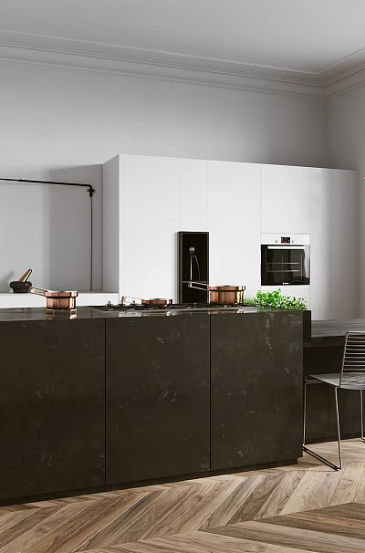 Modern Kitchen Interior With Black Marble Island White Cabinets Brass Pendant Lights And Wooden Flooring 3d model